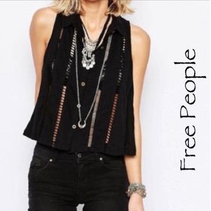 FREE PEOPLE ‘Toosaloosa’ Open Stitch Slub Dandy Crop Top NWT Black Size Medium